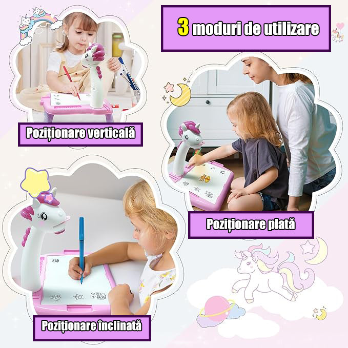 Set măsuță pentru desen cu proiector Holografic și accesorii - 3 discuri, 24 modele, Unicorn, 12 carioci + 3 Ani - MOV