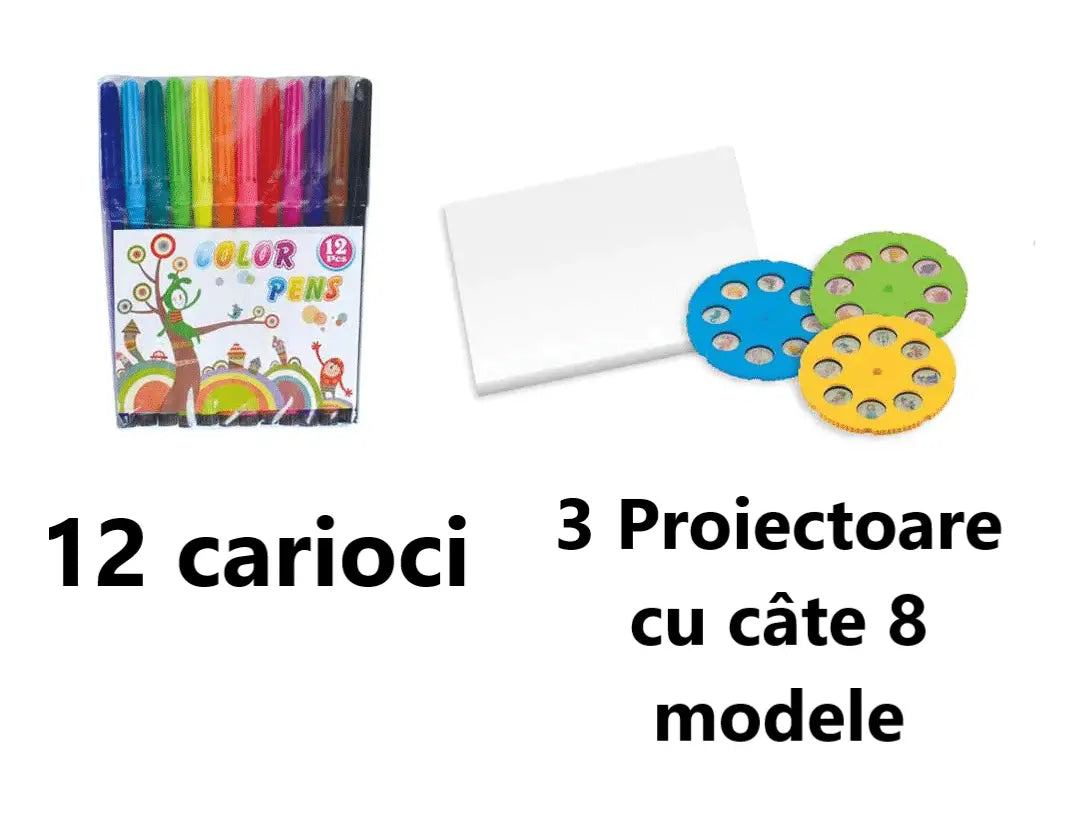 Set măsuță pentru desen cu proiector Holografic și accesorii - 3 discuri, 24 modele, Unicorn, 12 carioci + 3 Ani - MOV