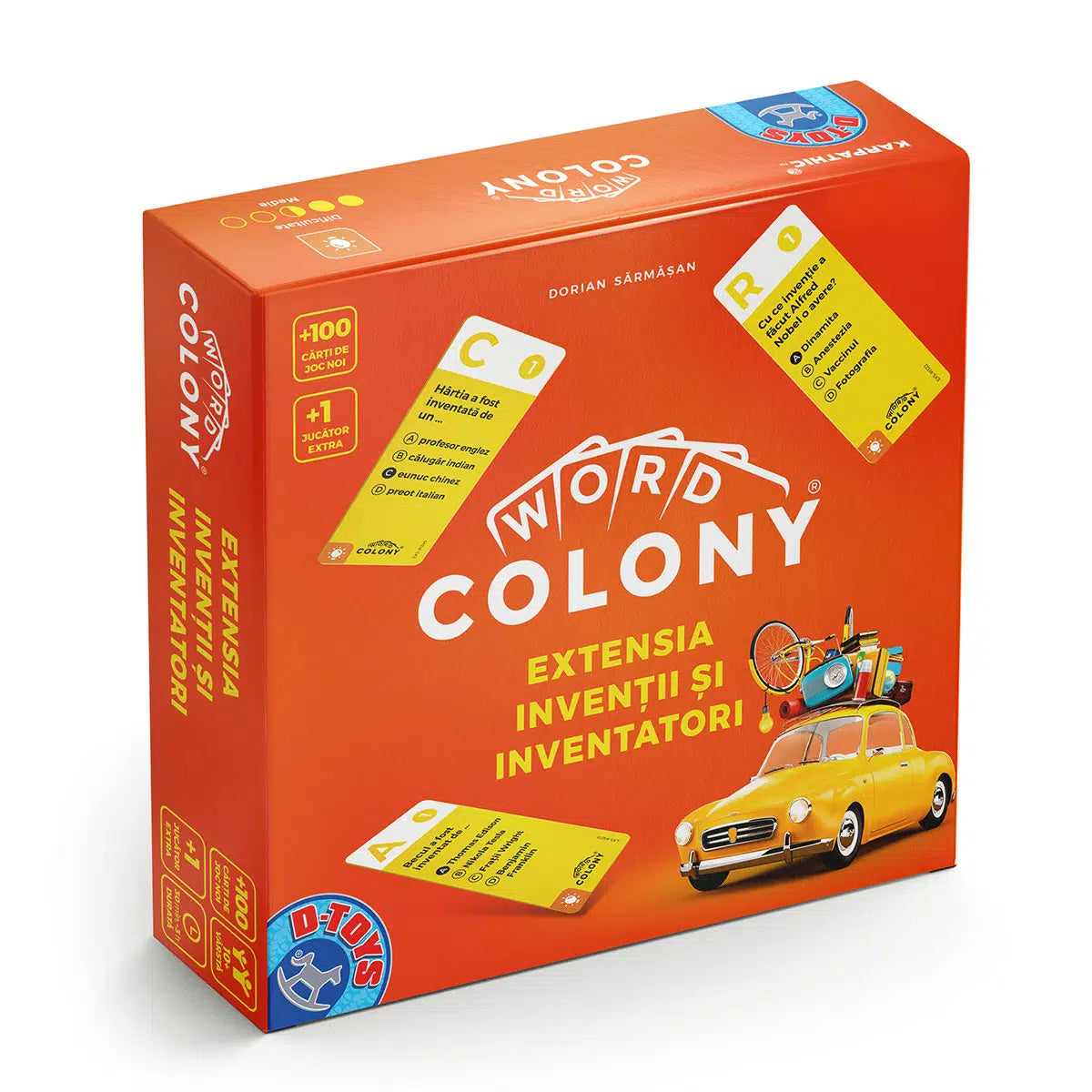 Joc societate Word Colony - Invenții si Inventatori, 100 cărți de joc, extensie 1 jucător, Ediția RO