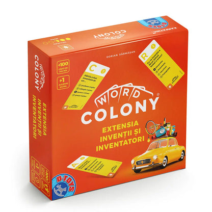 Joc societate Word Colony - Invenții si Inventatori, 100 cărți de joc, extensie 1 jucător, Ediția RO