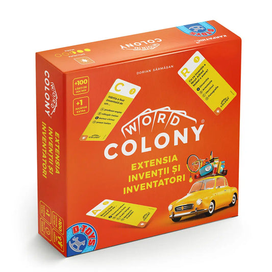 Joc societate Word Colony - Invenții si Inventatori, 100 cărți de joc, extensie 1 jucător, Ediția RO