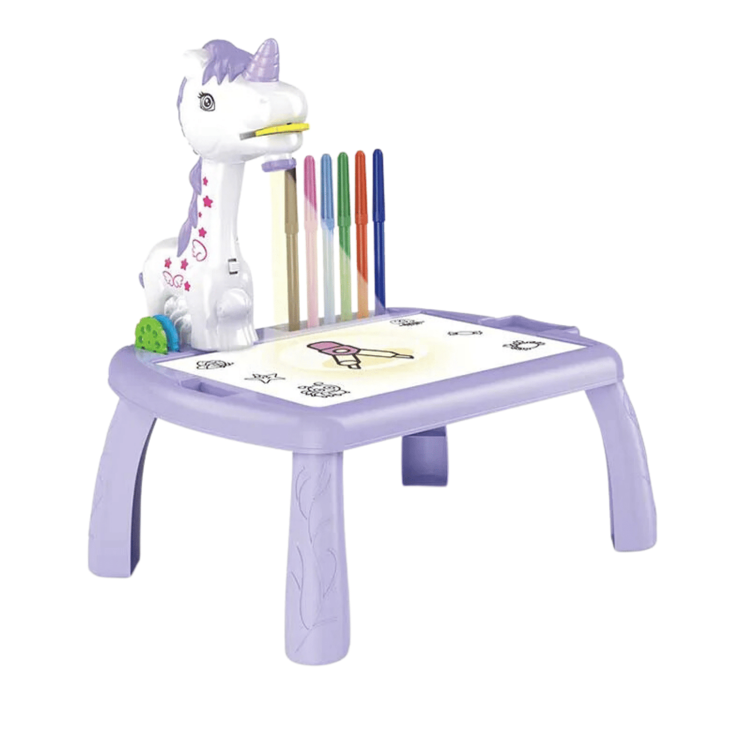 Set măsuță pentru desen cu proiector Holografic și accesorii - 3 discuri, 24 modele, Unicorn, 12 carioci + 3 Ani - MOV