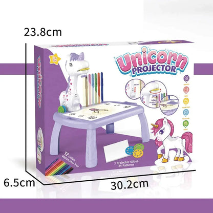 Set măsuță pentru desen cu proiector Holografic și accesorii - 3 discuri, 24 modele, Unicorn, 12 carioci + 3 Ani - MOV