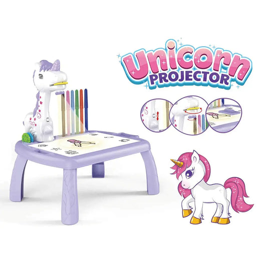 Set măsuță pentru desen cu proiector Holografic și accesorii - 3 discuri, 24 modele, Unicorn, 12 carioci + 3 Ani - MOV