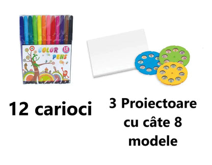 Set măsuță pentru desen cu proiector Holografic și accesorii - 3 discuri, 24 modele, Unicorn, 12 carioci + 3 Ani - MOV