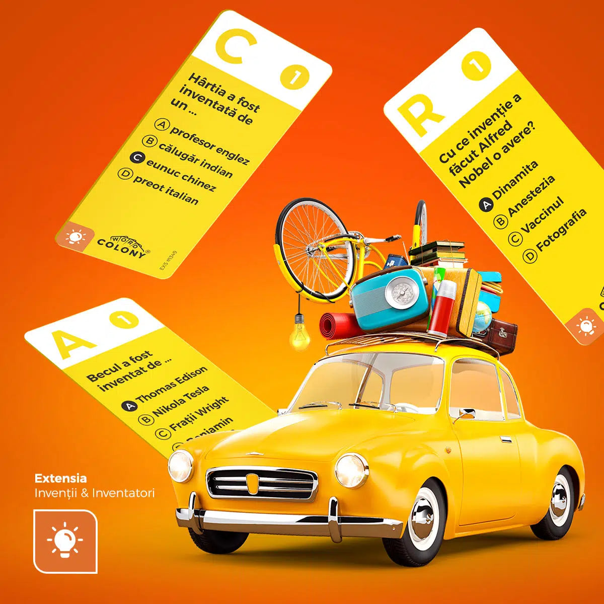 Joc societate Word Colony - Invenții si Inventatori, 100 cărți de joc, extensie 1 jucător, Ediția RO
