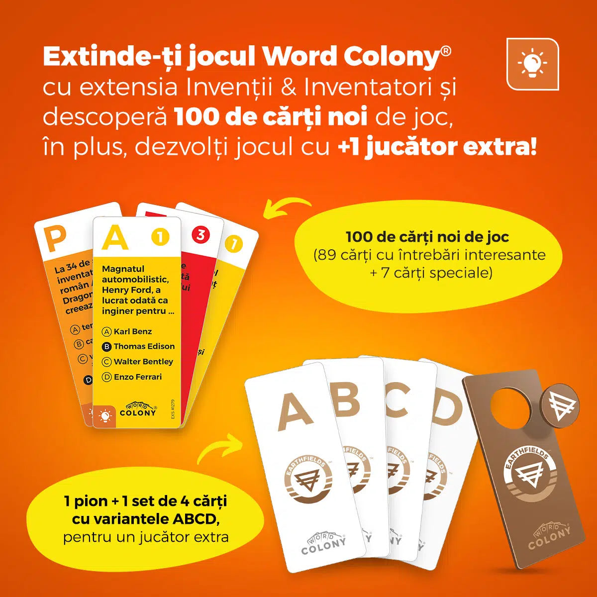 Joc societate Word Colony - Invenții si Inventatori, 100 cărți de joc, extensie 1 jucător, Ediția RO
